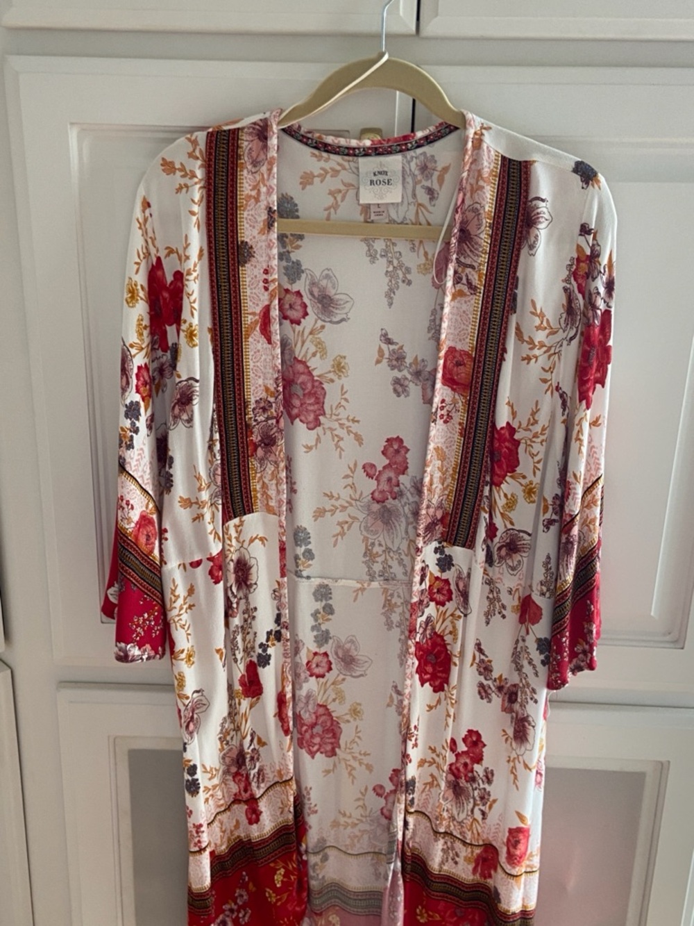 Knox Rose Cream Floral Open-Front Kimono with Red & Pink Accents